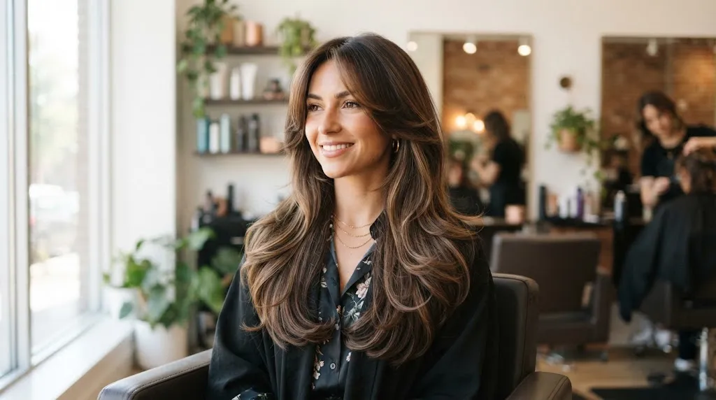 Woman with a stylish butterfly cut featuring short face-framing layers and cascading long hair designed to slim a chubby face