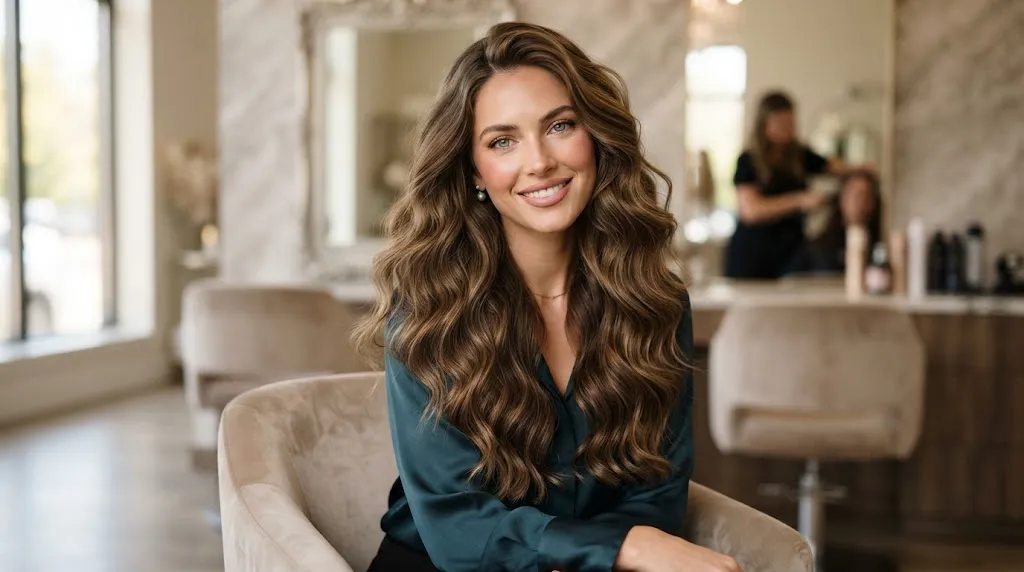 Long wavy hair styled with soft layers and a natural U-cut hemline in warm, professional lighting