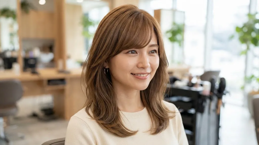 A woman with shoulder-length, light brown hair styled with elegant, sweeping side bangs in a bright salon setting.