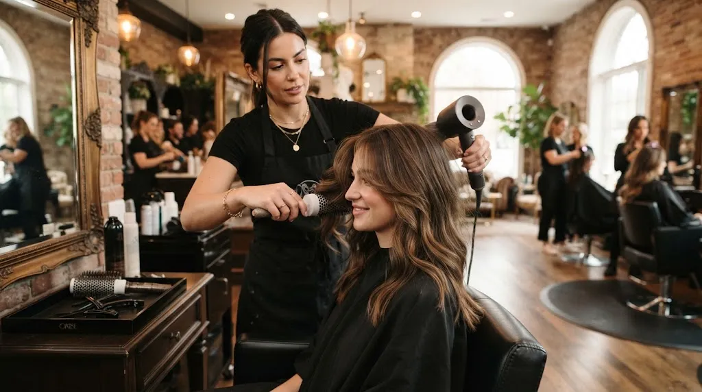 Professional hairstylist styling a woman's medium-length hair with soft face-framing layers and natural movement in a salon.