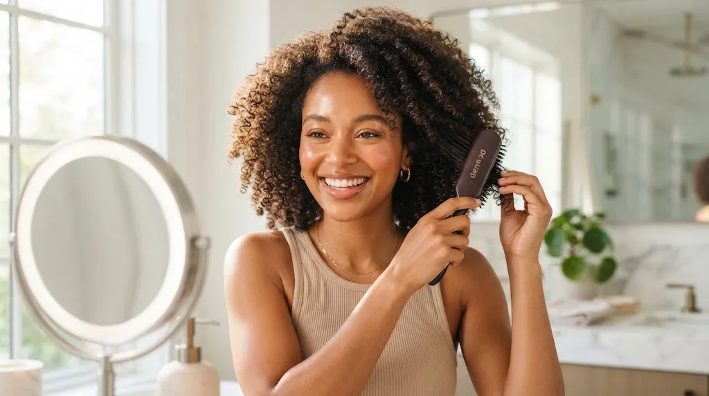 A Black woman with gorgeous natural coily hair smiling while styling her hair, representing vintage and retro styling for textured hair.