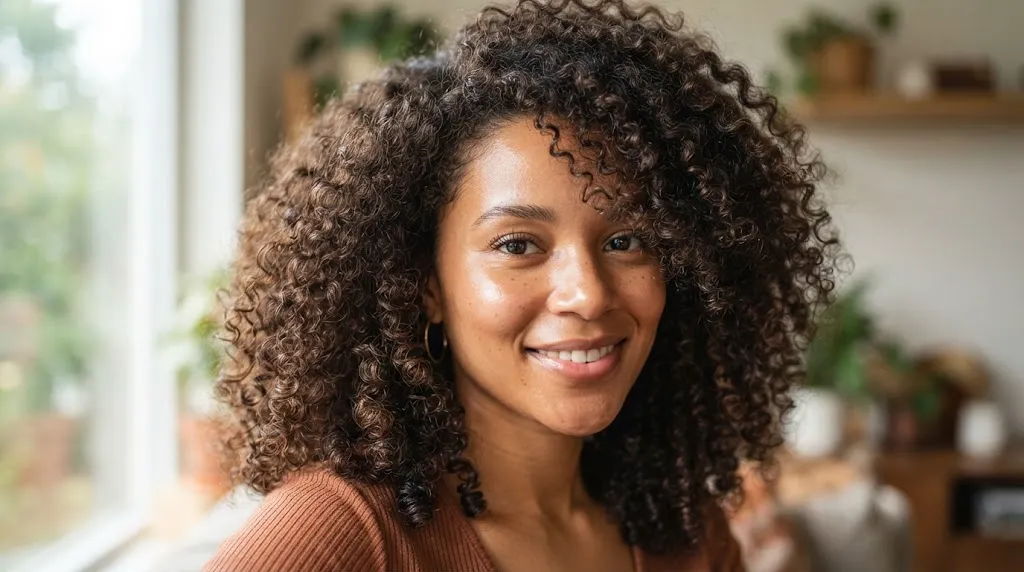 Close-up photo of a person with well-defined, voluminous natural curly hair styling
