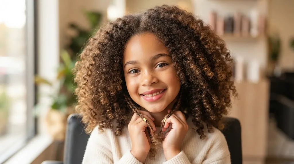 Close-up photo of a young girl with voluminous, well-defined natural curly hair in a professional salon setting