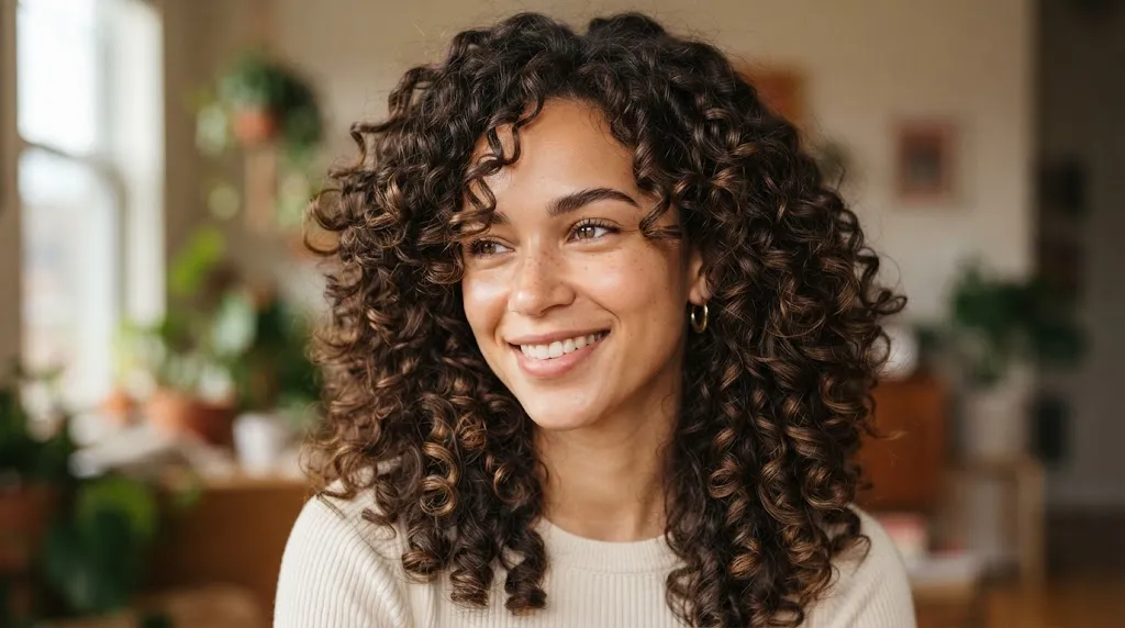 A woman with a modern curly layers haircut showcasing natural, bouncy, and defined hair texture
