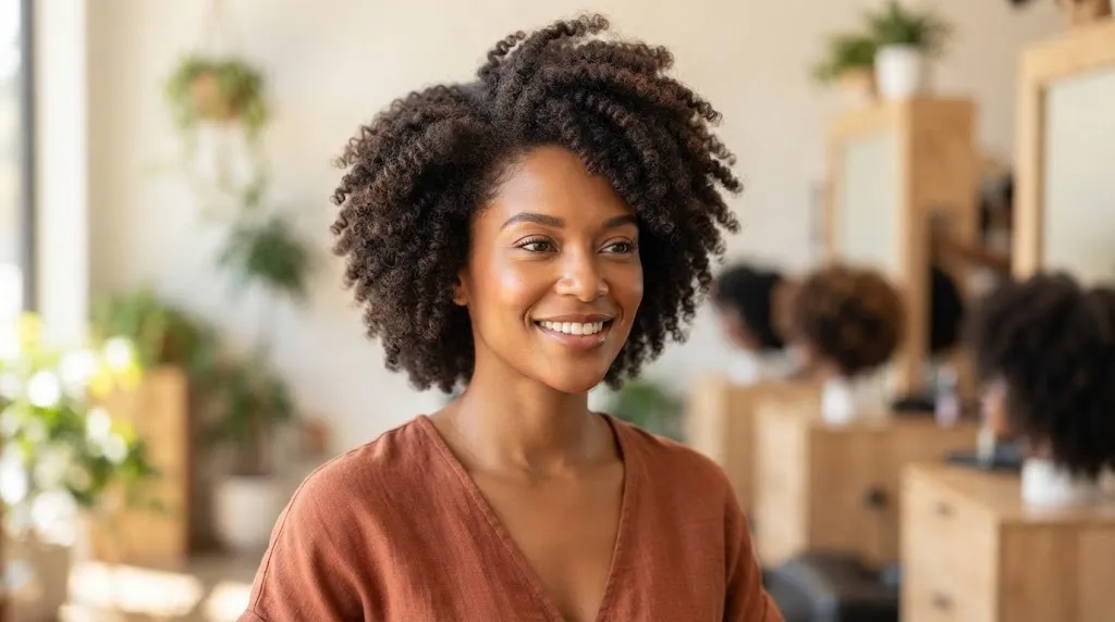 A smiling Black woman in a salon with a healthy, rounded, and tapered haircut showcasing her natural, dense 4C coily hair texture.