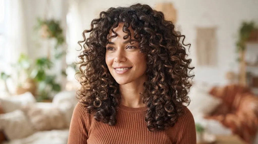 A smiling woman with voluminous, healthy Type 3 natural curly hair in a rounded, layered shape, showcasing bounce and definition.