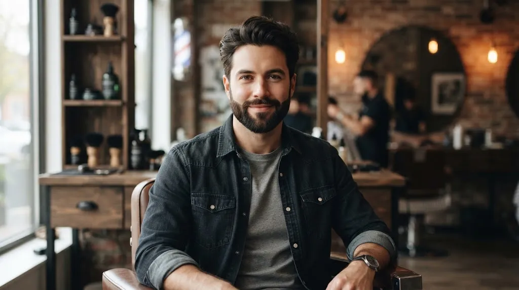 A stylish man with a well-groomed boxed beard and sharp jawline definition balancing a round face shape