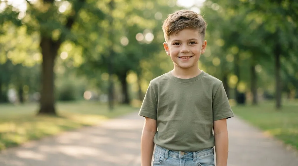 A young boy with a small face shape smiling, wearing a modern, lightweight textured crop haircut that provides balance.