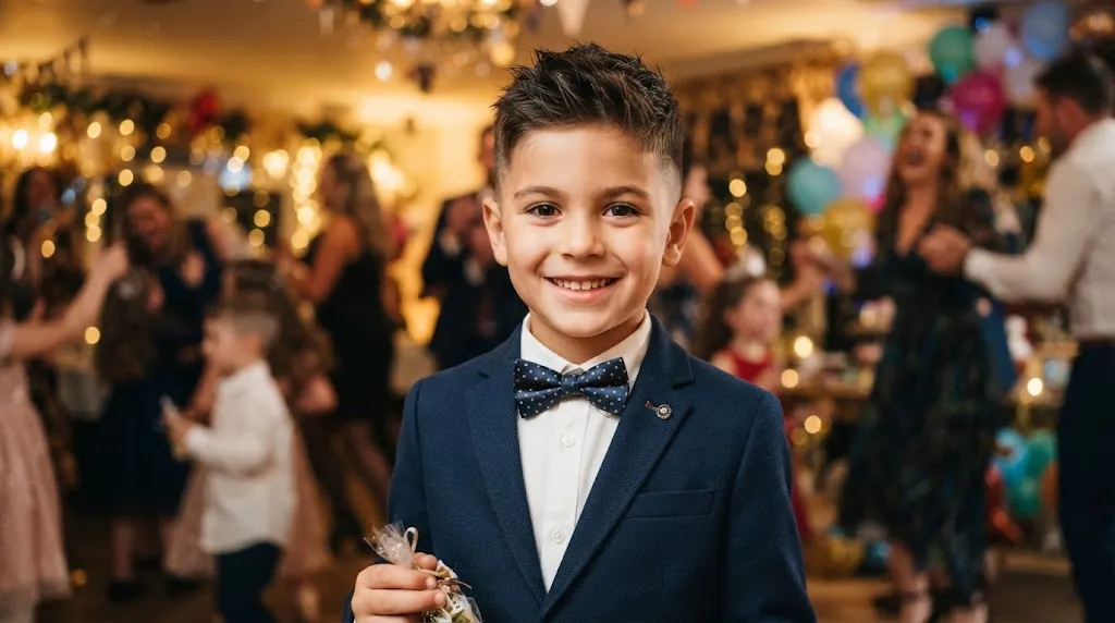 A stylish young boy with a modern textured crop haircut wearing a sharp blazer for a special event