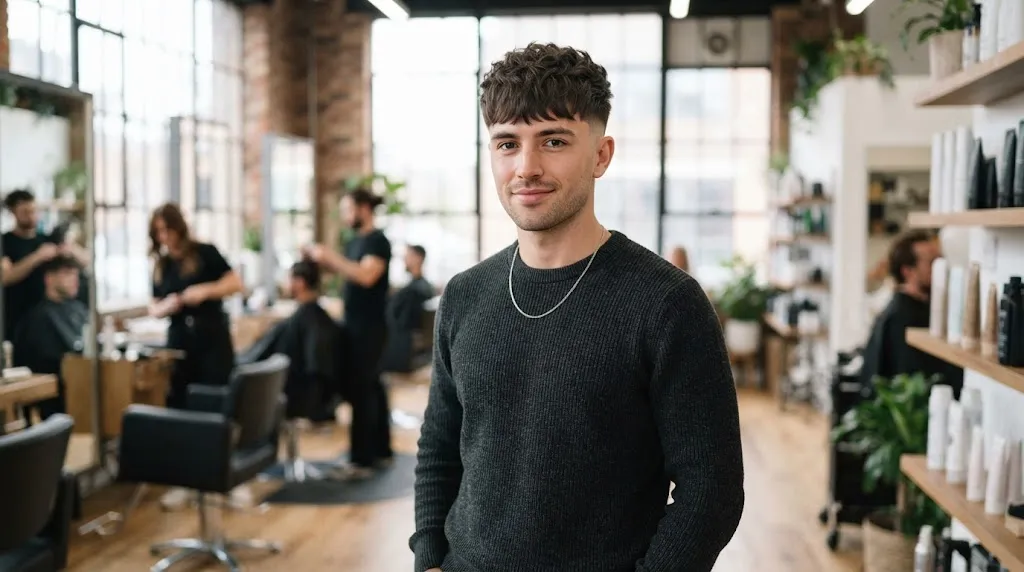 A stylish man showcasing a modern textured crop haircut with a full fringe and low fade for a slim face shape