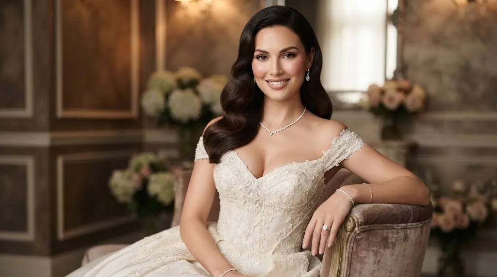Woman with classic Hollywood waves and formal gown matching an oval, heart, and square face shape for an engagement frock