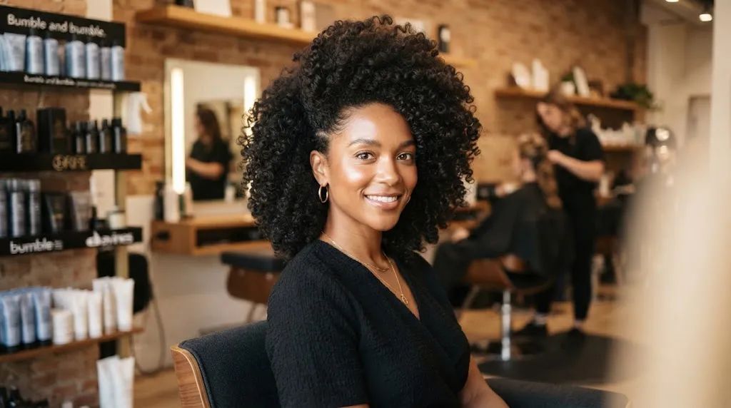 Professional salon photo showcasing a flattering curly hairstyle with a vertical oval shape, crown height, and close sides designed to slim a round face