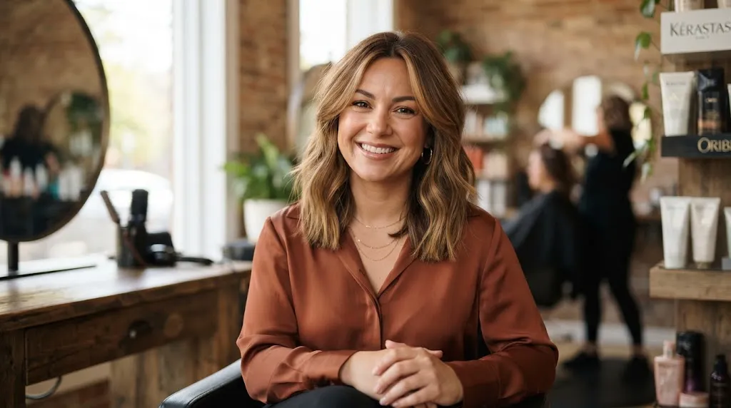 A smiling woman with a round face shape showcasing a face-slimming long bob haircut with soft layers.