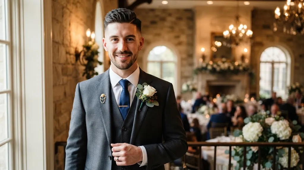 Handsome groom with a well-balanced modern haircut ideal for a long or oblong face shape at a wedding venue