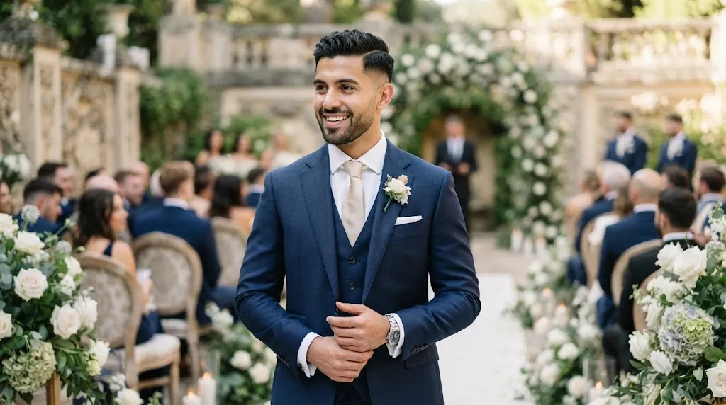 A handsome groom with a diamond face shape showcasing a stylish, balanced wedding haircut in an elegant setting