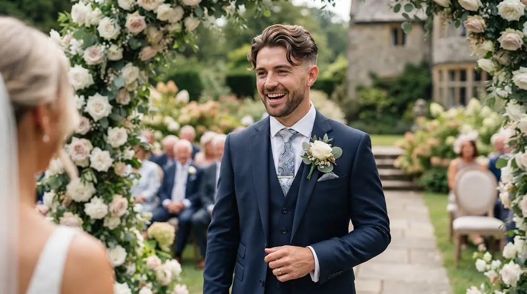Professional groom hairstyle with soft forehead framing and balanced volume tailored for a heart-shaped face at a wedding