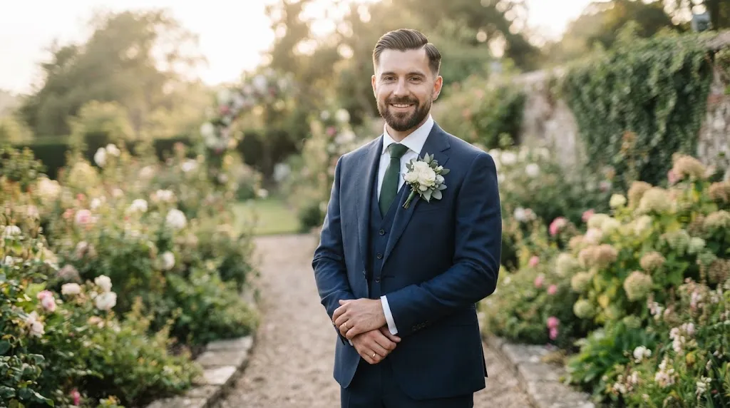 A handsome groom with an oval face shape styling a classic side part haircut for his wedding day.