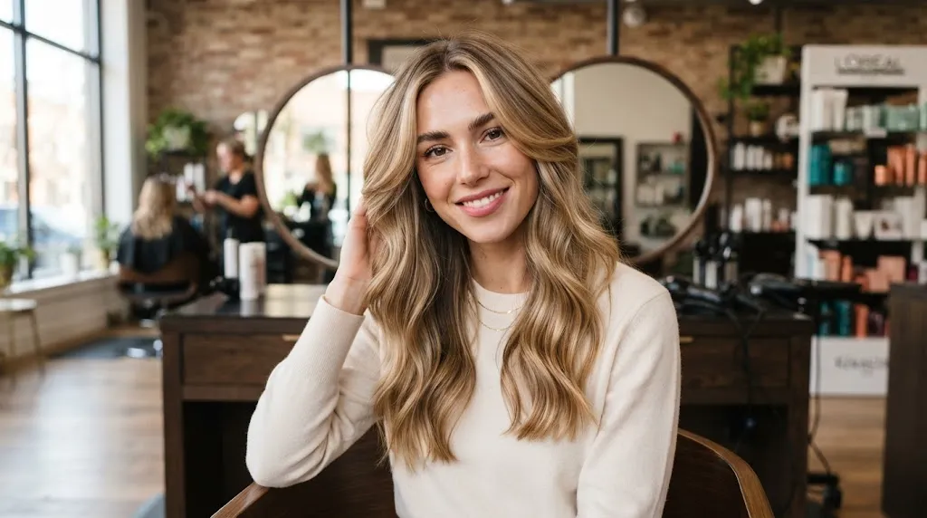 Stylish woman with a long slim face shape wearing a haircut with soft face-framing layers and volume around the cheekbones