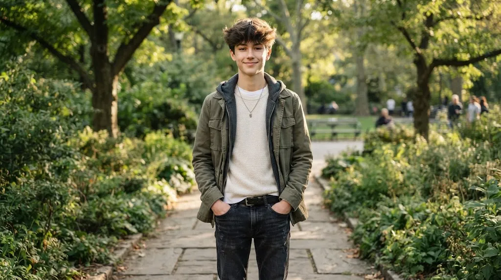 A teenage boy with a textured crop and soft fringe hairstyle designed to balance a long rectangular face shape