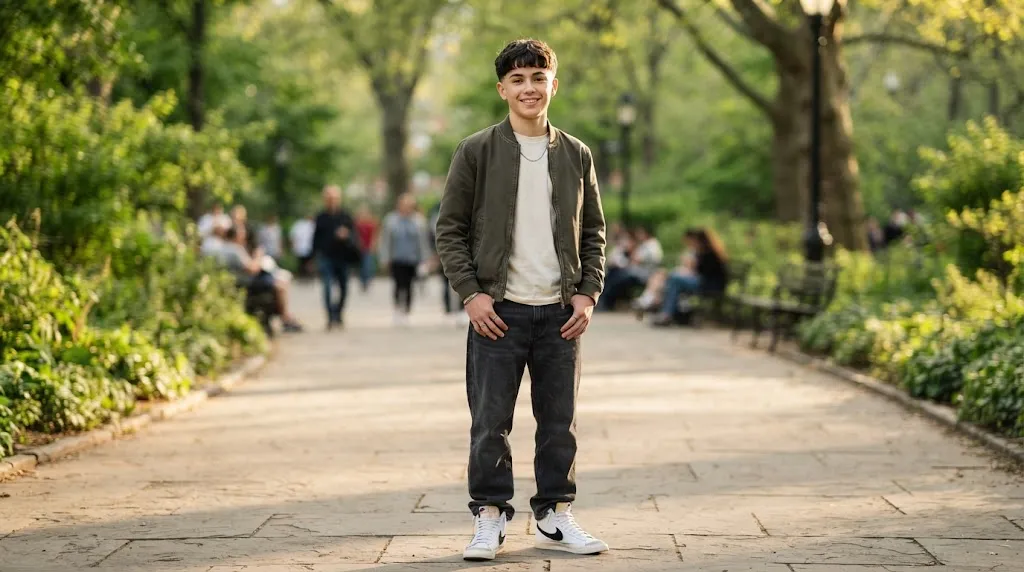 A stylish boy with an oval and heart-shaped face showing a balanced modern haircut outdoors