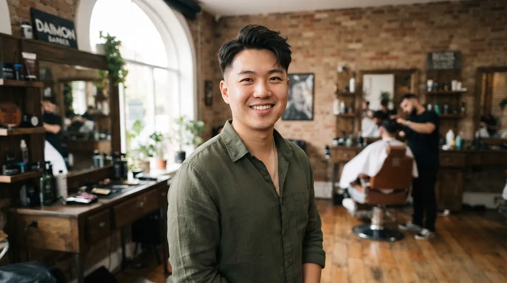 A young Asian man with a round face shape sporting a stylish two-block haircut with volume on top and clean sides in a modern barbershop.