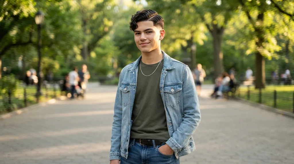 A stylish boy with a square face shape showing a clean low fade and textured haircut that highlights his jawline