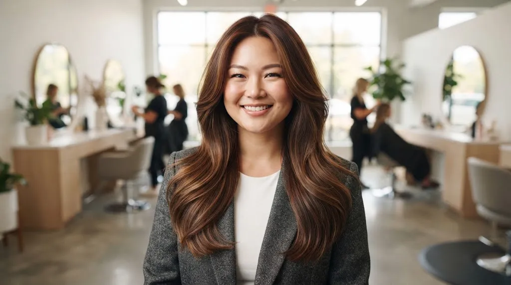 A smiling woman with a round face shape and soft jawline showcasing long layered hair in a bright, modern salon environment.