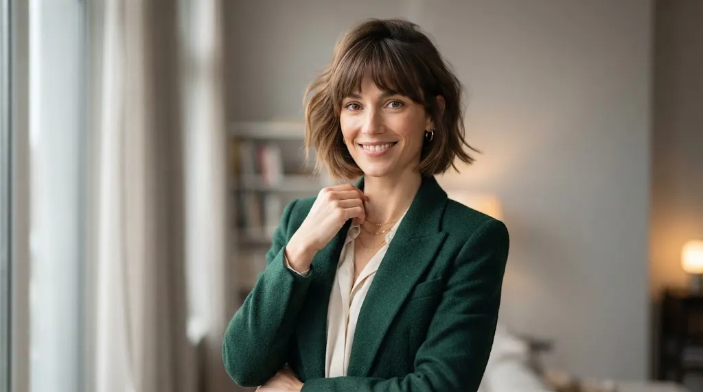 A professional portrait of a person with a long oblong face shape showcasing a balanced, flattering modern hairstyle in natural lighting