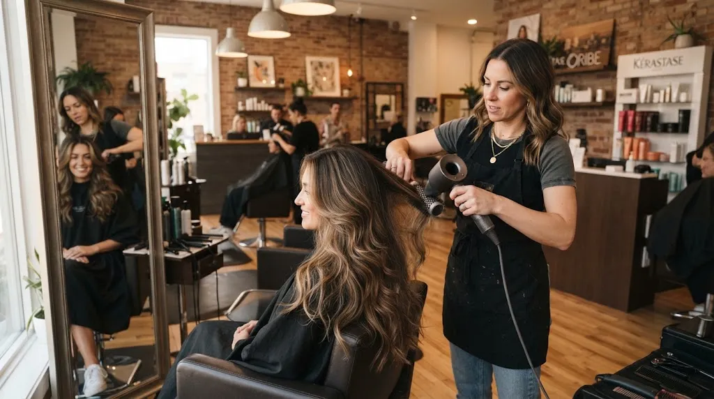 Professional hairstylist cutting and styling long thick layered hair in a modern salon to reduce bulk and prevent a triangle shape.