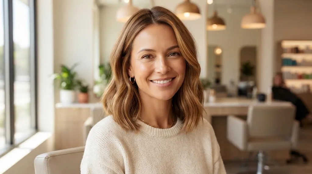 A smiling woman with a balanced oval face shape and a stylish shoulder-length lob haircut posing in a bright modern salon.