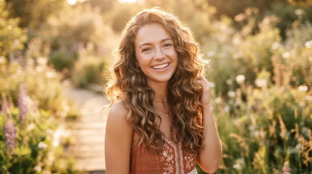 A woman with beautiful, healthy natural wavy hair showcasing the best haircut for wavy hair textures in golden hour light.
