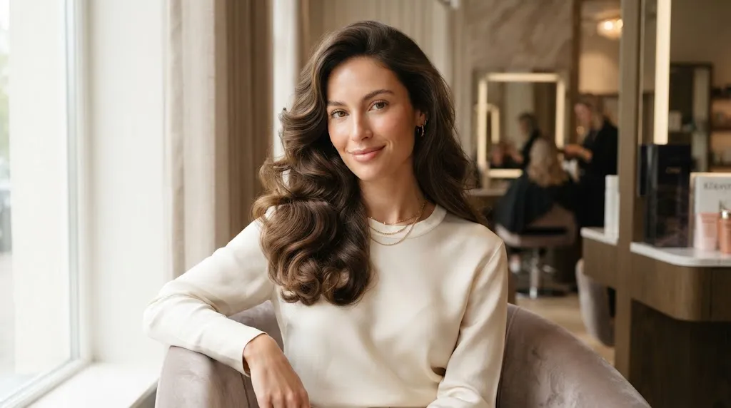 Professional editorial portrait of a woman with a long face shape styled with side-swept voluminous waves to balance proportions.
