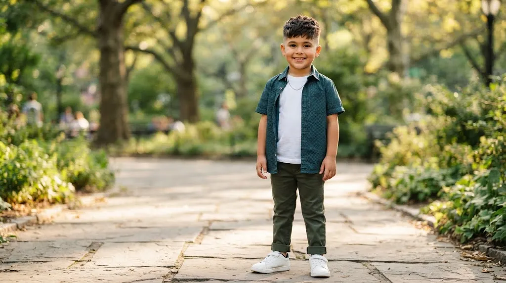 A stylish young boy with a round face shape sporting a modern textured crop haircut with faded sides