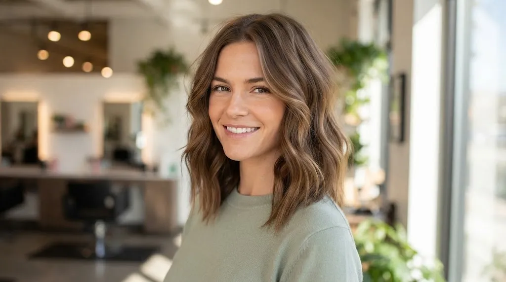 A woman with a square face shape showcasing a flattering medium-length wavy haircut in a modern salon