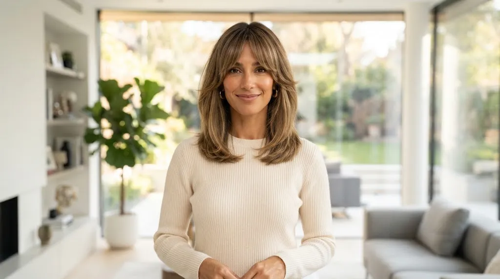 A stylish woman with a long rectangular face shape wearing full curtain bangs and shoulder-grazing layers to add horizontal volume, set in a bright, modern indoor setting.