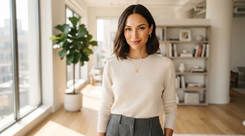 A beautiful woman with a diamond face shape featuring high cheekbones, a narrow forehead, and a delicate pointed chin, styled in a modern haircut in a bright, sunlit room.