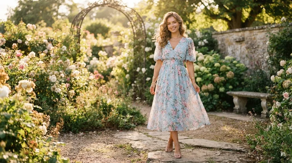 A stylish woman wearing a modern frock paired with soft face-framing curls and cascading waves in a sunlit setting