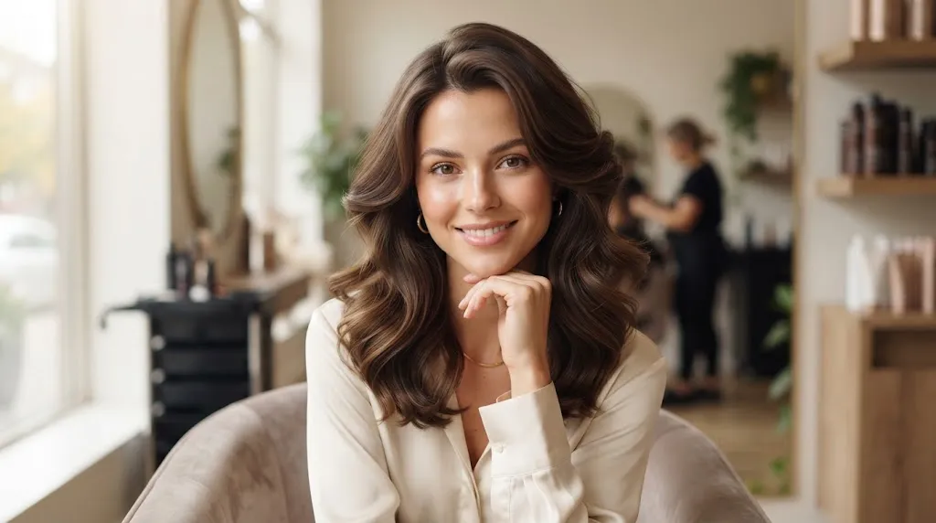 A beautiful woman with a heart-shaped face showcasing a flattering hairstyle with soft framing layers.