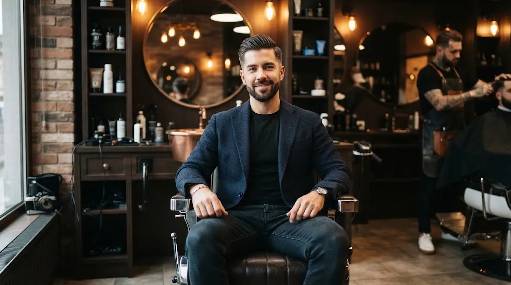 A stylish man with a modern textured haircut for straight hair sitting in a professional barbershop