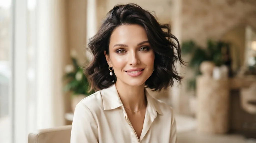 Woman with a perfectly balanced oval face shape showcasing flattering hairstyles and soft natural lighting in a professional salon setting