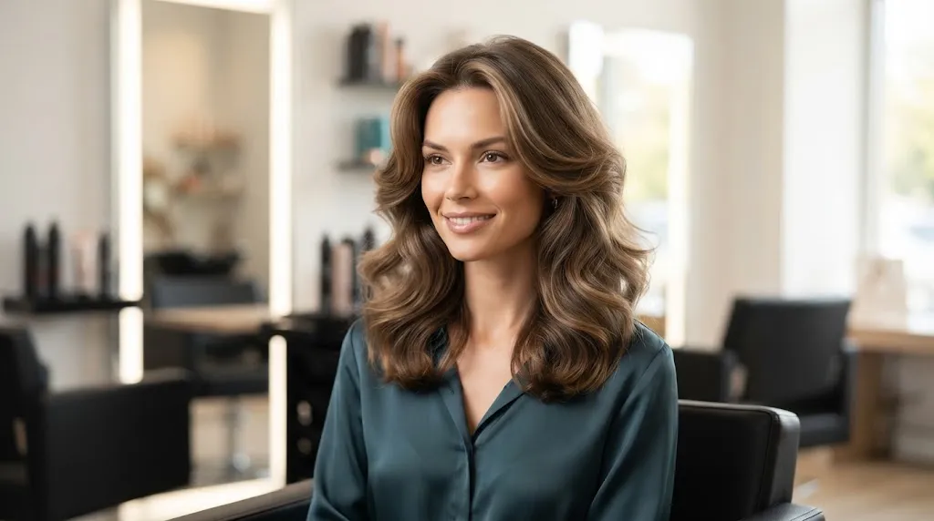 A beautiful woman with an oval face shape showcasing a voluminous, bouncy blowout hairstyle in a modern salon.