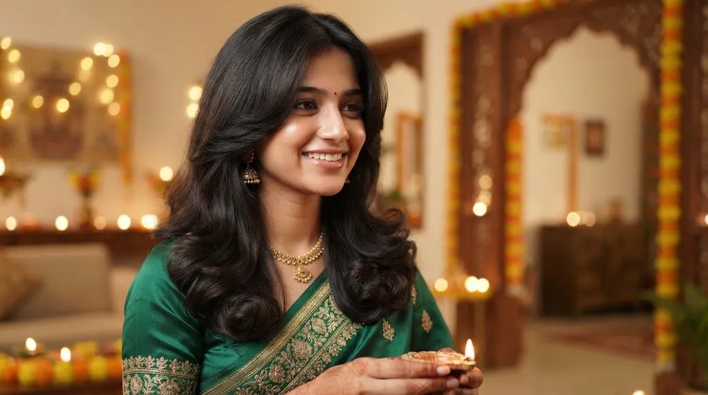 A smiling South Asian woman in a green silk saree and traditional jewelry, holding a lit diya, showcasing her beautiful, voluminous, long layered haircut suitable for festivals.