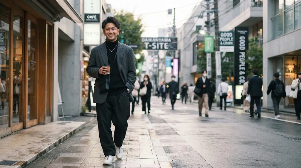 A stylish Japanese man showcasing a modern textured haircut with natural movement in Tokyo