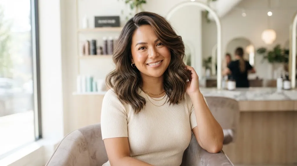 A stylish woman with a round face shape wearing a flattering long bob haircut with a deep side part and soft face-framing layers.