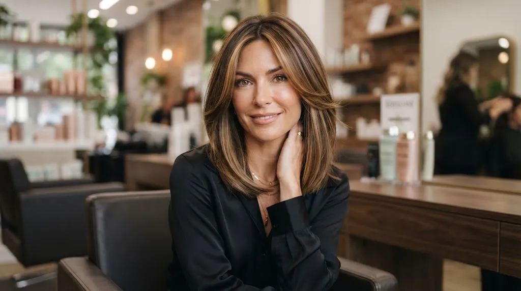 A professional salon view of a woman with a sleek long bob and face-framing layers designed to slim and elongate a round face shape.