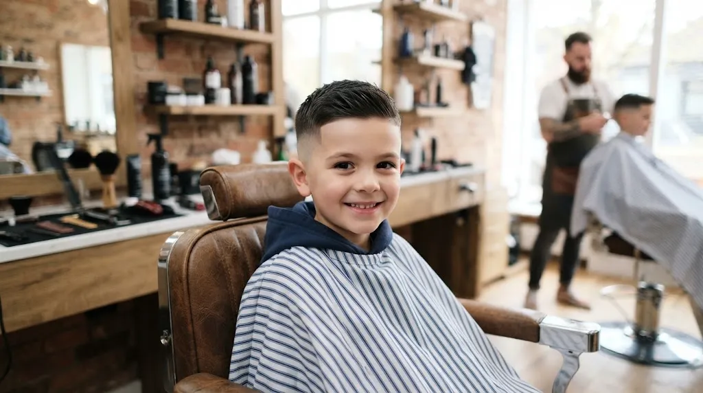 A young boy with a neat, school-appropriate textured crop haircut and clean low taper fade sitting in a bright barbershop.