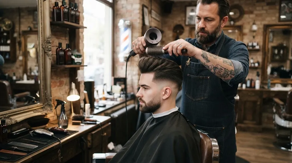 Professional barber styling a modern short pompadour haircut on a client, demonstrating tailored volume and clean fades matched to different face shapes.