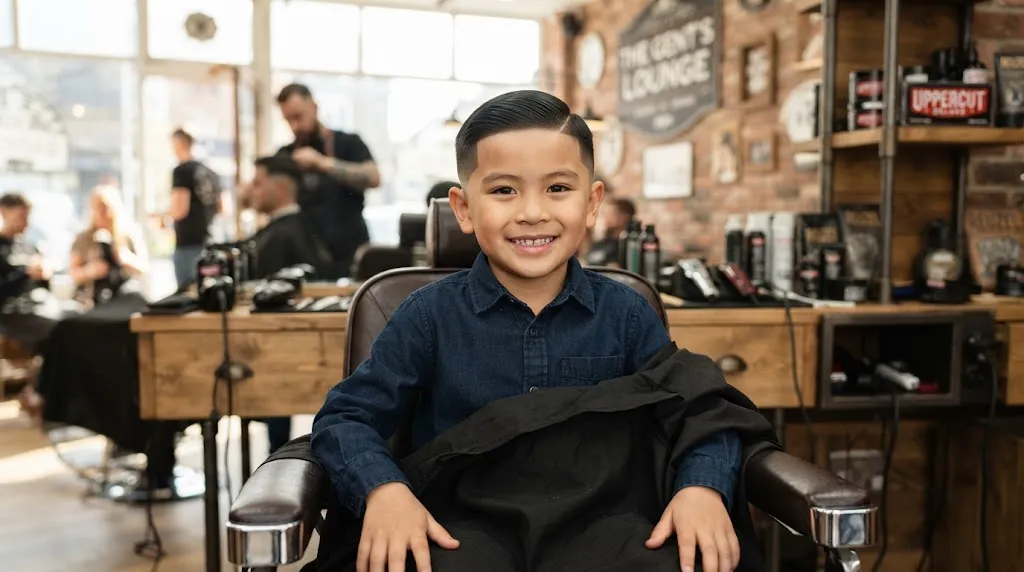 Young boy with clean straight hair styled with a modern low taper fade in a professional barbershop