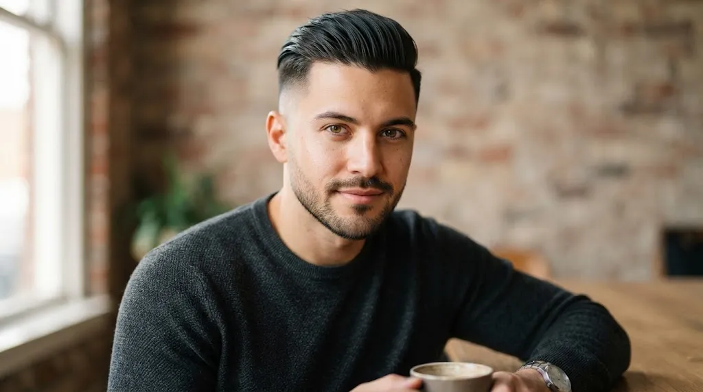 A handsome man with an oval face shape styling a modern slicked-back undercut for straight hair.