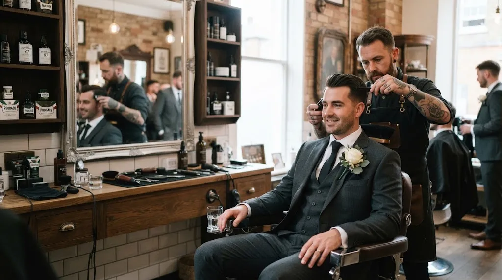 A well-dressed groom getting a professional haircut and styling in a modern barbershop before his wedding day.